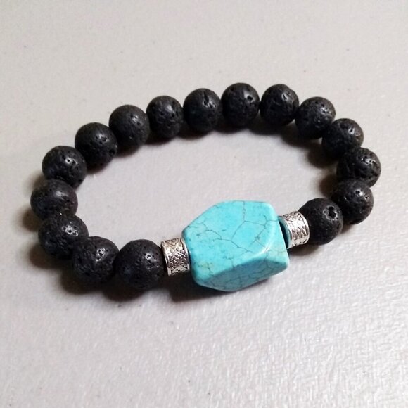 Turquoise Howlite & Black Lava Rock Bracelet! Thick, Solid & Chunky Stone Beads - Picture 1 of 8